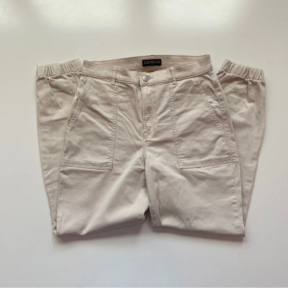 EXPRESS High Waisted Stretch Straight Cropped Cinched Hem Utility Pant in Beige - Picture 5 of 13